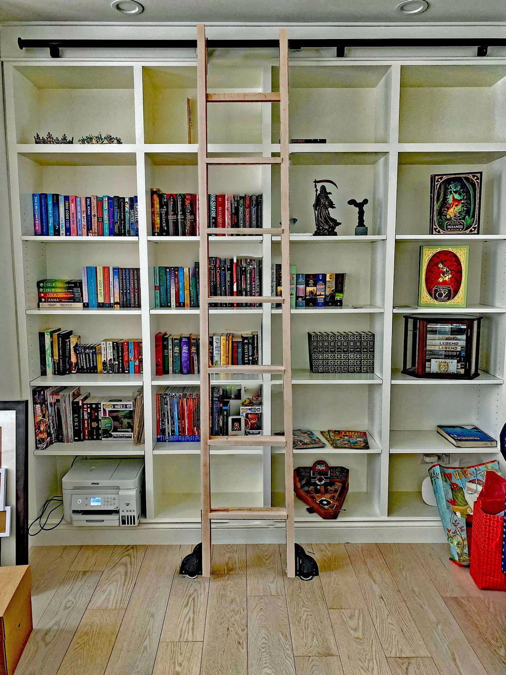 Amsterdam ladder on white library shelving.