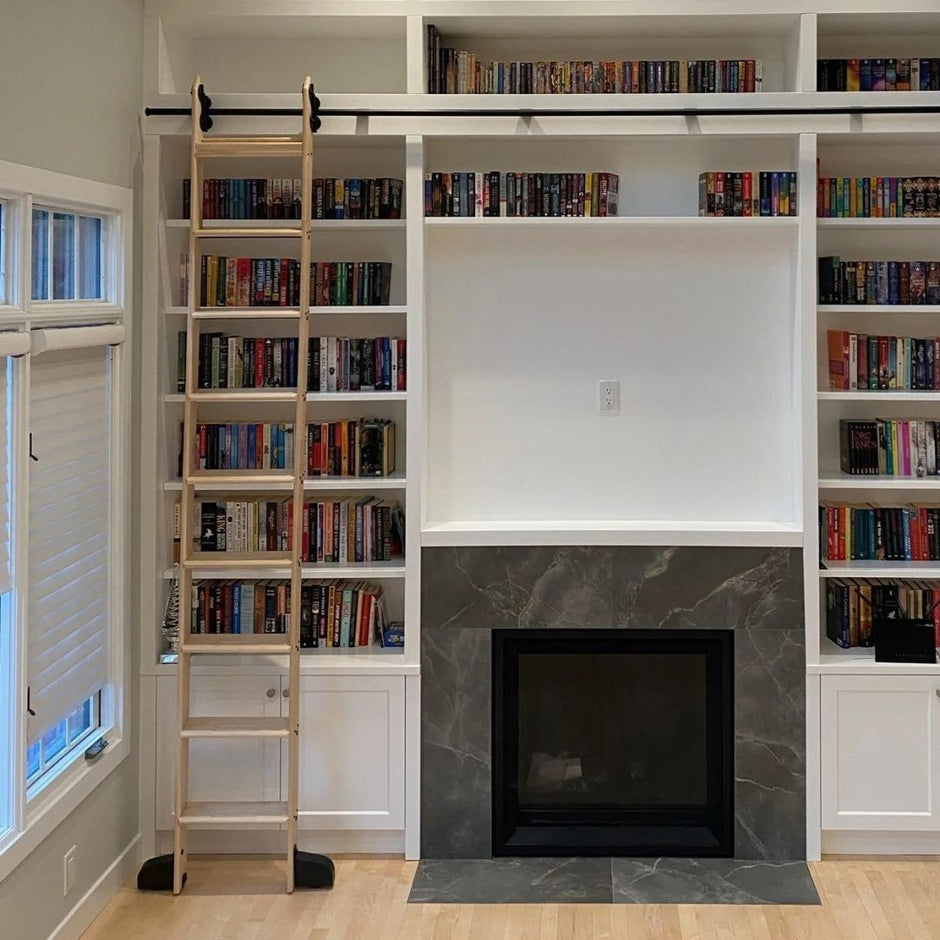 Library ladder kit in maple, installed on shelving.