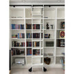 White library ladder kit on white bookshelves.