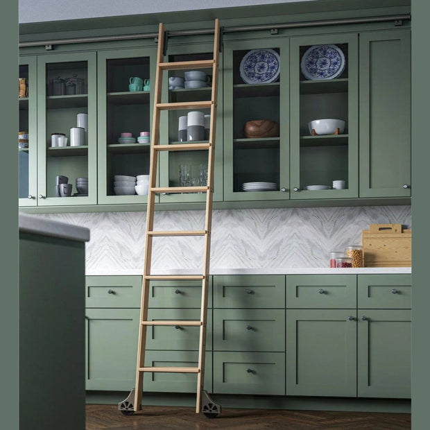 Meadow Lane ladder hardware on a rolling ladder in black.